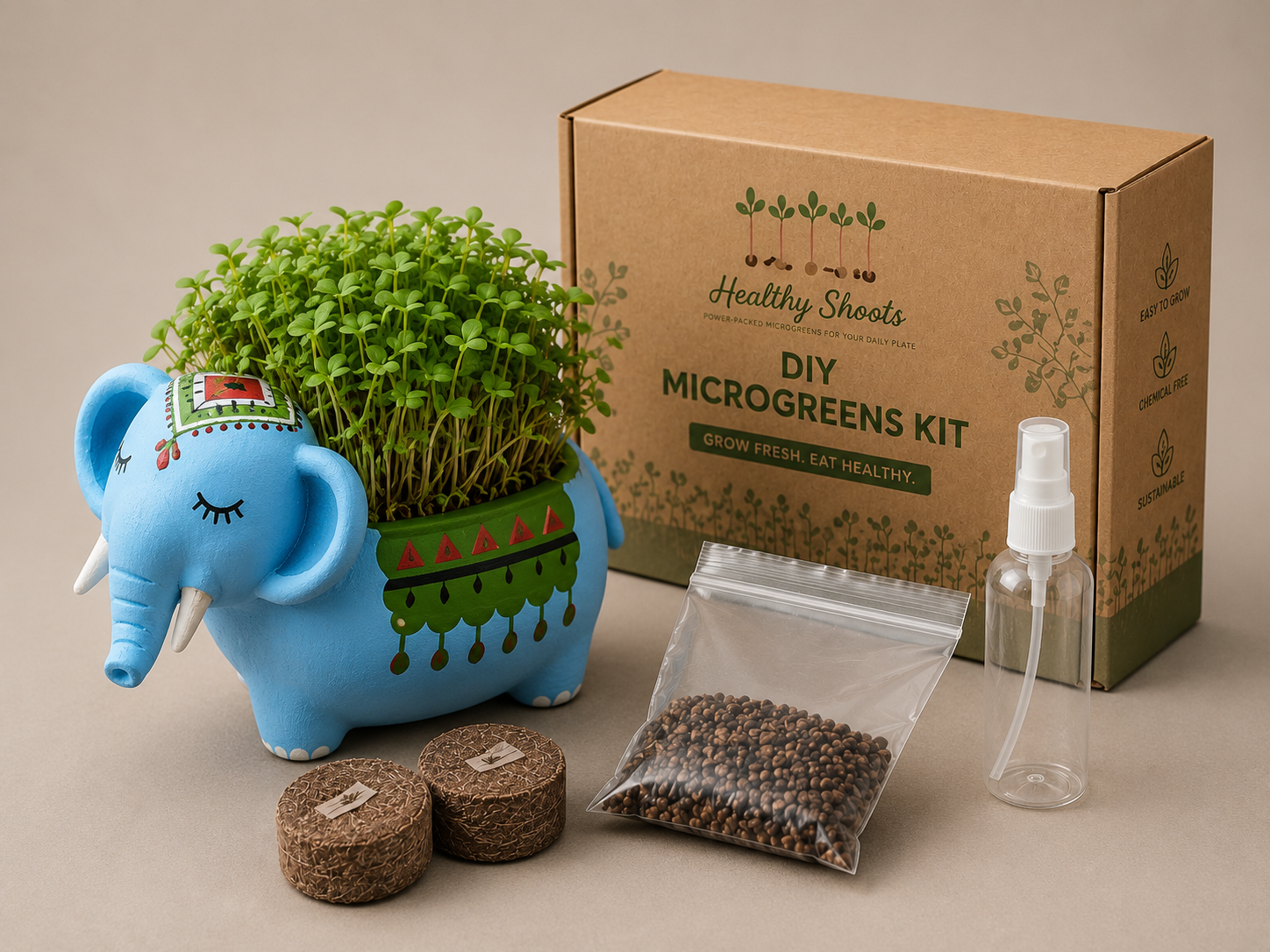 DIY Microgreens Kit Elephant Planter – blue hand-painted elephant pot with grown microgreens, seeds, coco peat discs and spray bottle