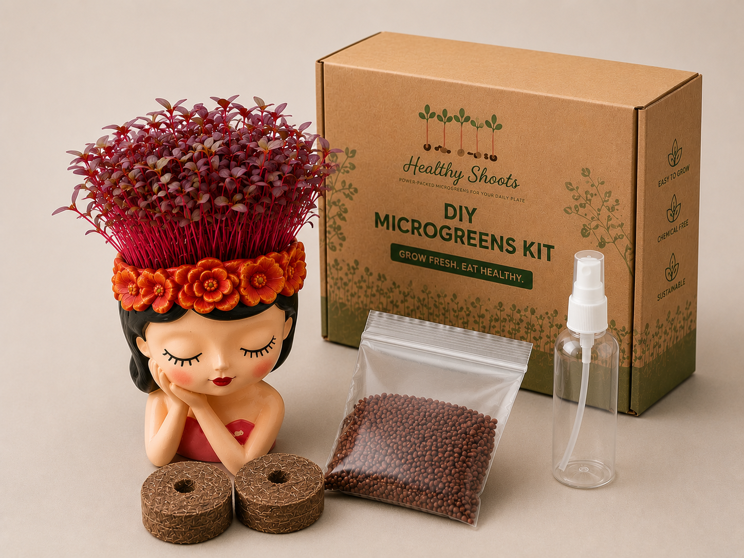 DIY Microgreens Kit Girl Planter – decorative girl figurine pot with Red Amaranthus microgreens, seeds, coco peat discs and spray bottle