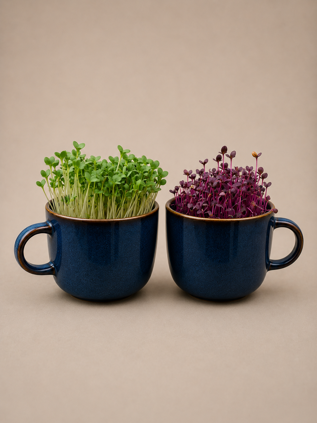 Twin mugs of vibrant microgreens